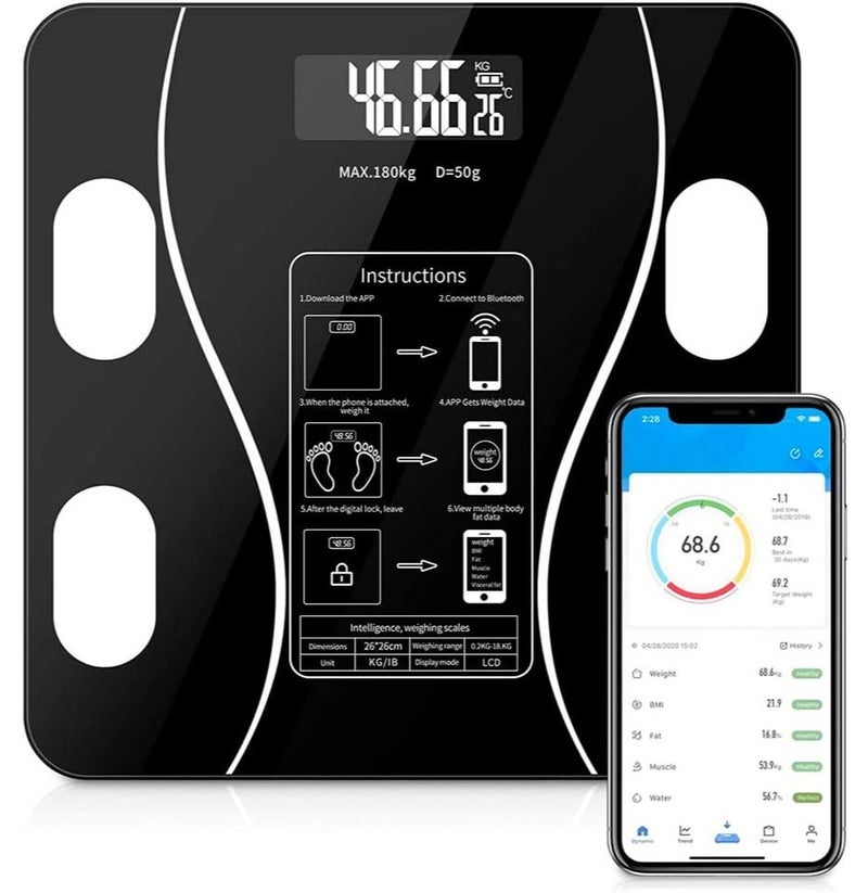 بروفيشنال ميزان ذكي رقمي للمطبخ و ميزان لتحليل الجسم بتقنية البلوتوث، شاشة LCD، قياس 79 وظيفة، زجاج مقسى، أسود، يذن حتي 180 كجم، 26x26 سم - Image 1